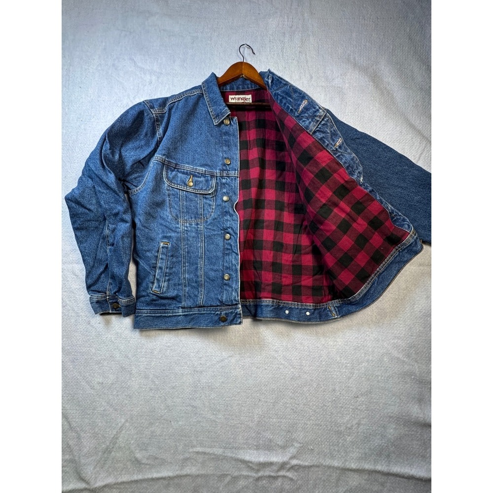 Wrangler Rugged Wear Mens XL Flannel Lined Denim Trucker Jacket Blue Plaid Lined